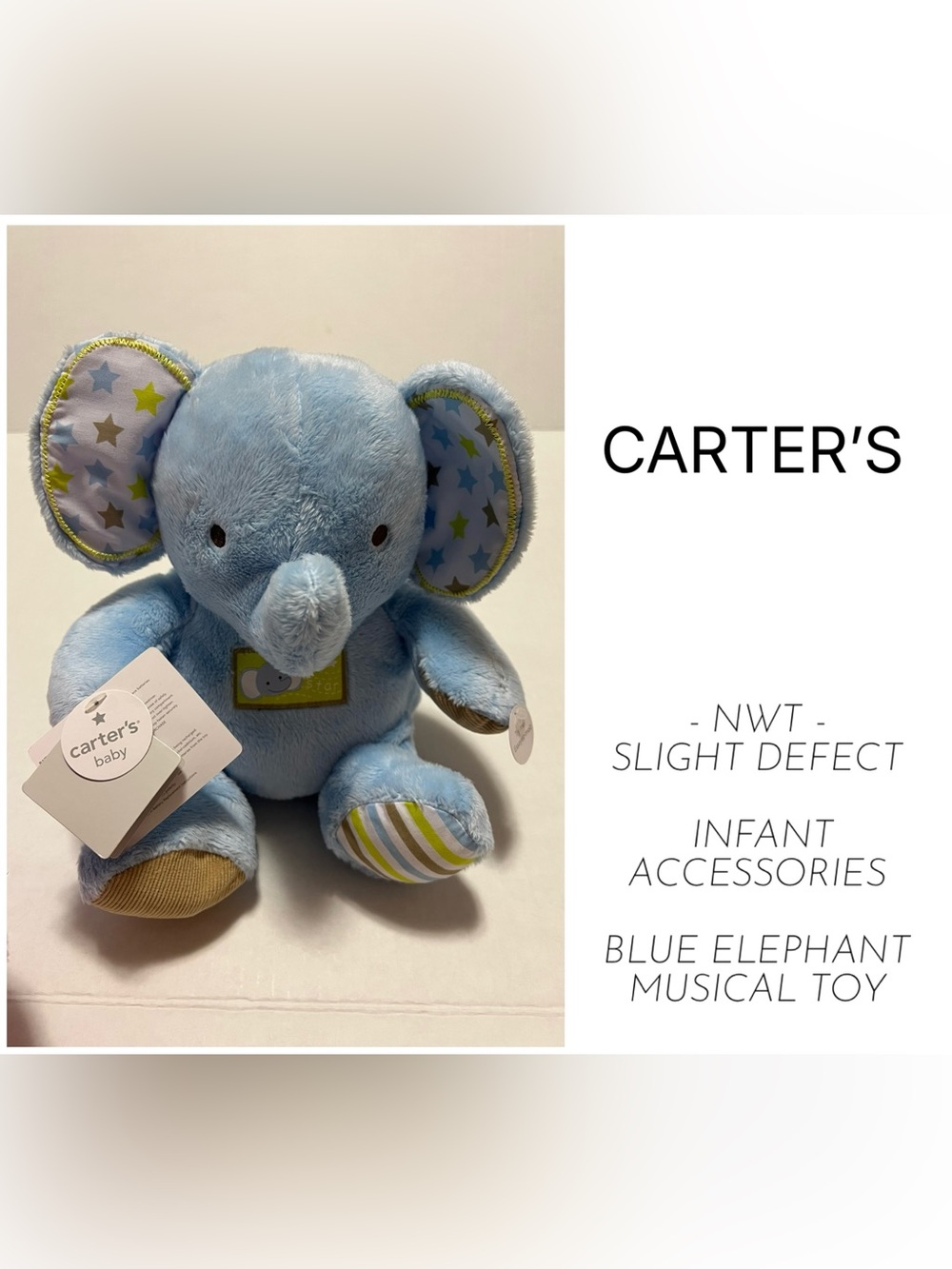 CARTER’S - NWT DEFECT - INFANT BLUE MUSICAL ELEPHANT TOY